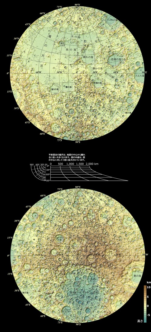 Топоргафическая карта Луны, полученная с помощью Кагуя